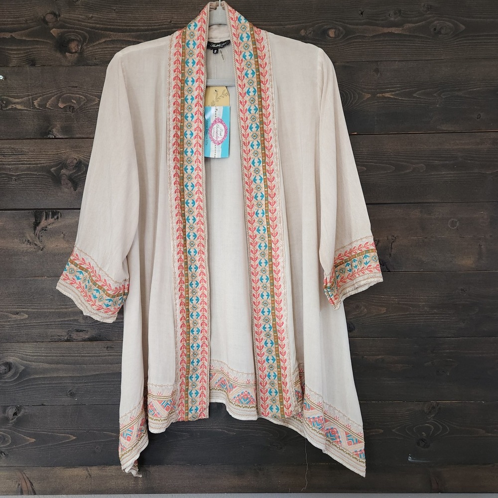 Andree by Unit Boho Kimono Cardigan Small Aztec Embroidered Beige NWT